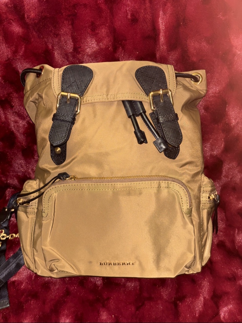 Burberry Beige Drawstring Nylon Backpack with Dark Trim